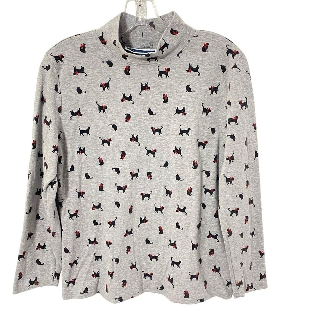 Karen Scott PL Cats with Bows Mock Turtleneck Jersey Knit Shirt Holiday cmas